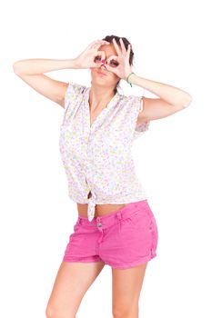 young beautiful women making googles gestures on face on white background