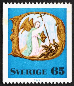 SWEDEN - CIRCA 1976: a stamp printed in the Sweden shows Archangel Michael, Design from Flemish Prayer Book 1500, Christmas, circa 1976