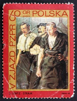 POLAND - CIRCA 1968: a stamp printed in the Poland shows Strikers, Painting by Stanislaw Lentz, circa 1968