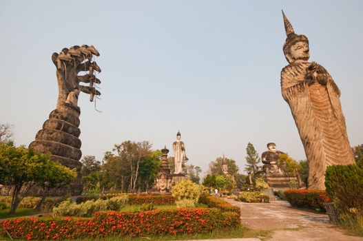 stucco ancient architecture in Sala Kaew Ku - Thai temple in hindu style, Nhongkhai Province Thailand 