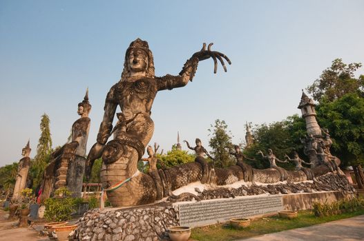 stucco ancient architecture in Sala Kaew Ku - Thai temple in hindu style, Nhongkhai Province Thailand 