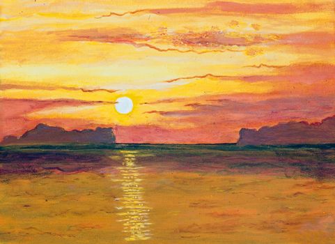 Original oil painting on canvas - sunset in the ocean