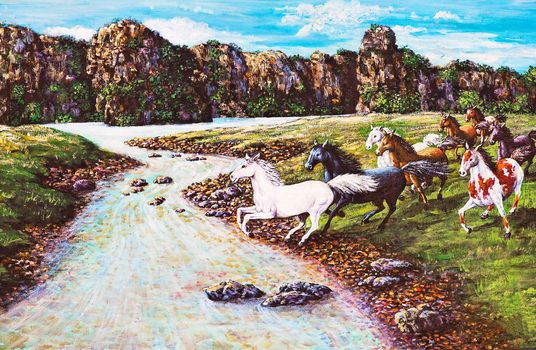 Original oil painting on canvas - horses in the forest
