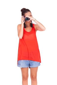 young female photograper isolated on white background