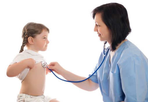 Doctor with stethoscope and little smiling girl isolated