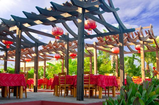 Chinese restaurant under blue sky