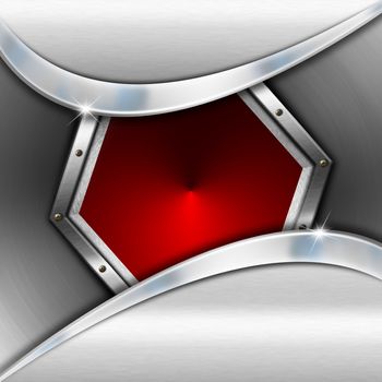 Red and metal business background with waves, hexagon and reflections

