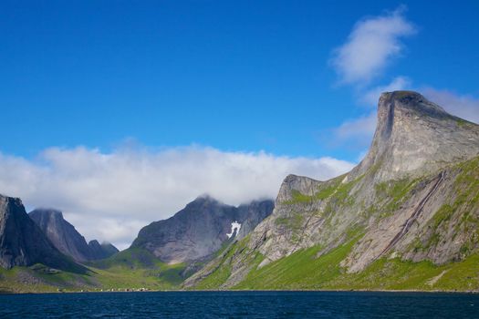 Scenic panorama of fjord on Lofoten islands in Norway on sunny summer day