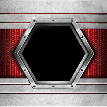 Red and metal business background with grid, hexagon and reflections