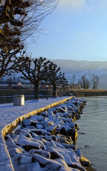 Pier full of snow, european winter.