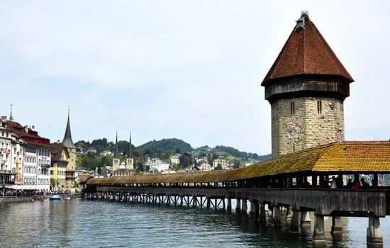 Lucern Switzerland, old wooden bridge view. 