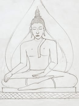 Buddha image  in pencil drawing style on white paper