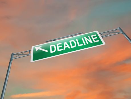 Illustration depicting a highway gantry sign with a deadline concept. Sunset sky background.