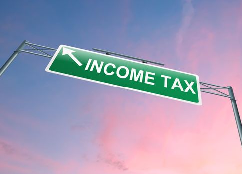 Illustration depicting a highway gantry sign with a tax concept. Sunset sky background.