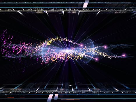 Abstract arrangement of fractal grids, lights  and musical notes suitable as background for projects on music and audio technologies