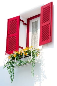 red vintage windows in Greek Style