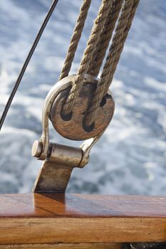 Pulley attached to the ship's deck, against sea water