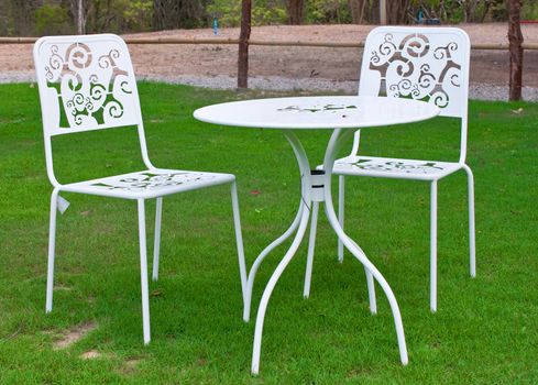 white table and chairs in green lawn
