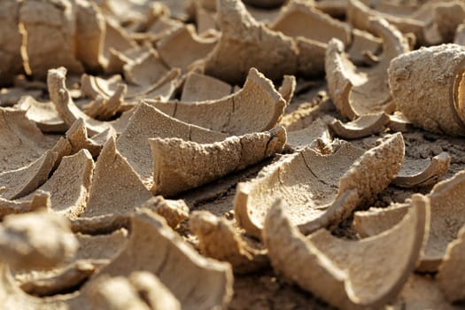Dried mud in a drought curling up on itself as it is desiccated by the relentless heat of the sun