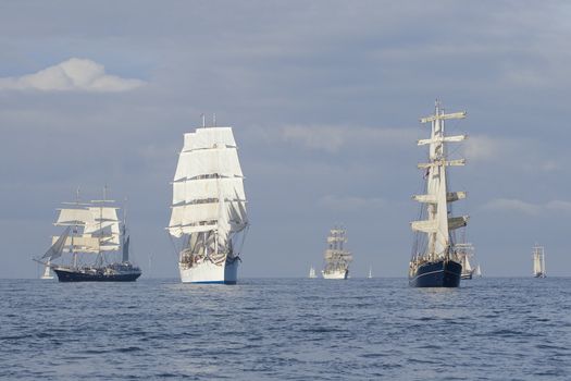 Several tall ships in a row before start a regatta