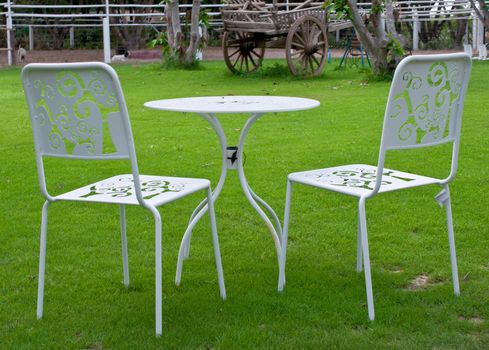 white table and chairs in green lawn