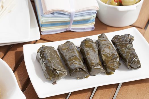 Stuffed grape leaves tapas ready for a summer party