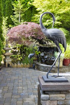 Bronze Cranes Sculpture in Japanese Inspired Zen Garden with Pagoda and Waterfall