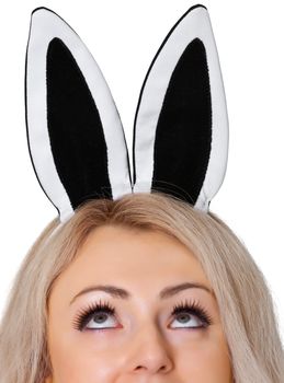 The girl's face with the rabbit ears isolated on white background