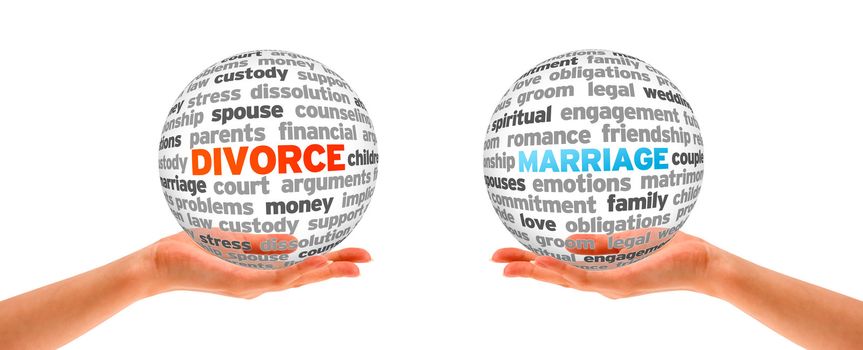 Hands holding a Divorce and Marriage Word Sphers on white background. 