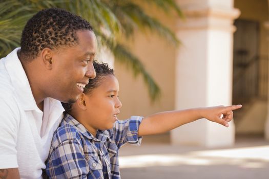Happy African American Father and Mixed Race Son Pointing in the Park.