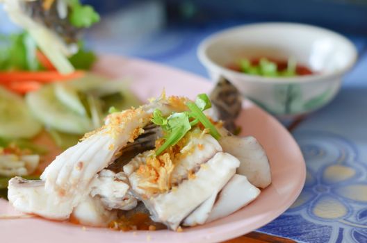 fresh steam fish with seafood sauce and vegetable