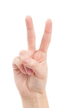 Hand with two fingers up in the peace or victory symbol. Also the sign for the letter V in sign language. Isolated on white.