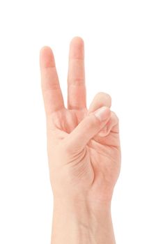 Hand with two fingers up in the peace or victory symbol. Also the sign for the letter V in sign language. Isolated on white.