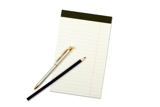 Notebook with pencil and pen isolated on white