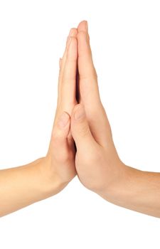 Two hands giving each other a High Five on white background
