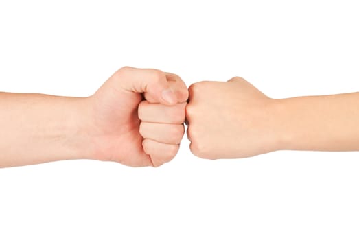 Two hands: man and woman, isolated on white
