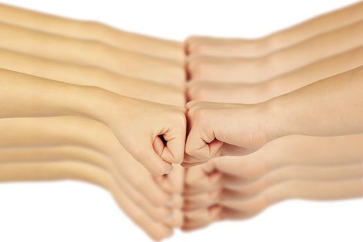 Two hands: man and woman, isolated on white