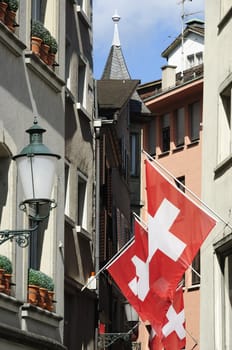 Zurich, swiss flags in the street.