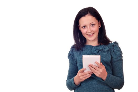 happy teenage girl with tablet pc on white 