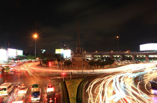 Bangkok Traffic Center at Victory monument at Night, Thailand