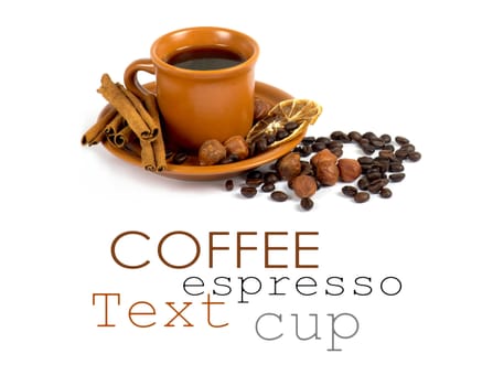 Cup of coffee with ingredients on a white background