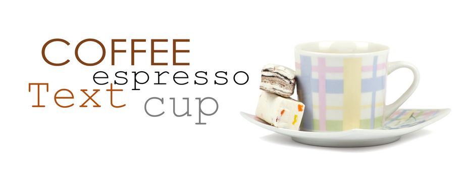 Coffee cup with sweets on white background