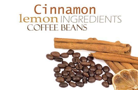 coffee beans, cinnamon and lemon isolated on white