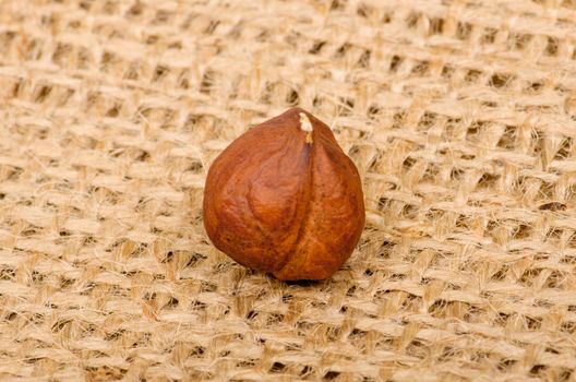 Hazelnuts on burlap background