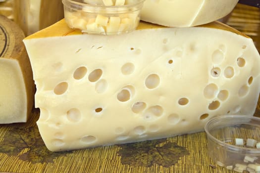 Cheese selling in a market, close up