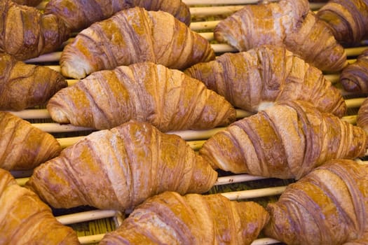 Fresh croissants on a tray in a market