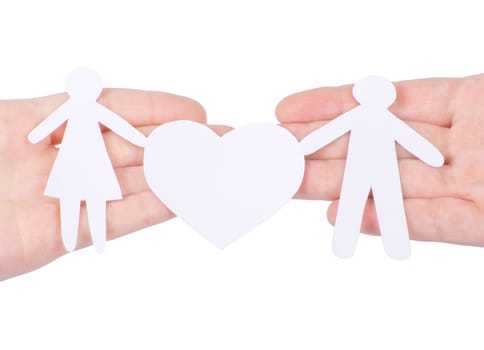 Paper family in hand with a big hearth isolated on white
