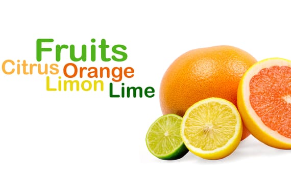 image of a fresh whole lime,lemon and orange isolated on white