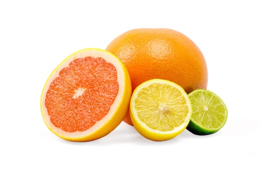 image of a fresh whole lime,lemon and orange isolated on white