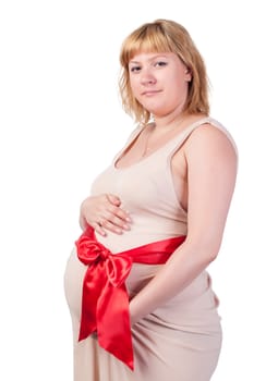 Pregnant Woman Caressing her Belly, over white background